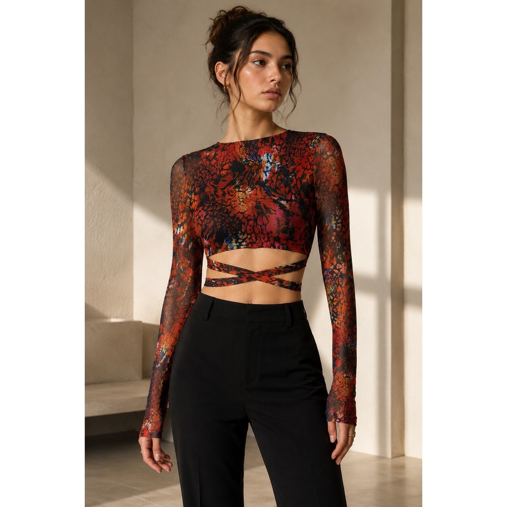Outcast Clothing Red Orange Abstract Mesh Wrap Crop Top Long Sleeve XS